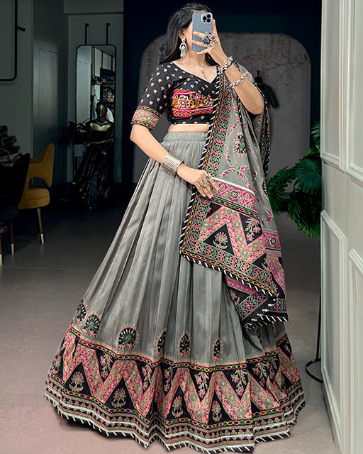 Silver Grey Color Tussar Silk Navratri Lehenga Choli