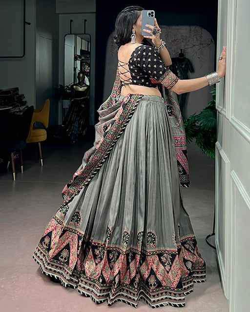 Silver Grey Color Tussar Silk Navratri Lehenga Choli