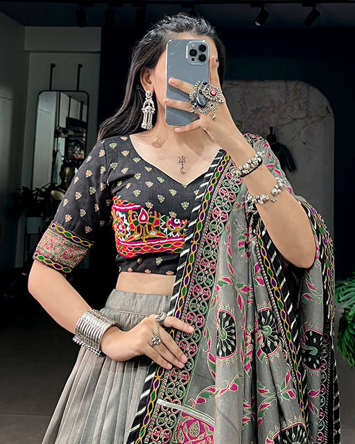 Silver Grey Color Tussar Silk Navratri Lehenga Choli