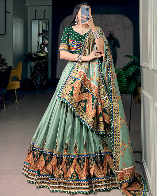 Green Color Tussar Silk Navratri Lehenga Choli