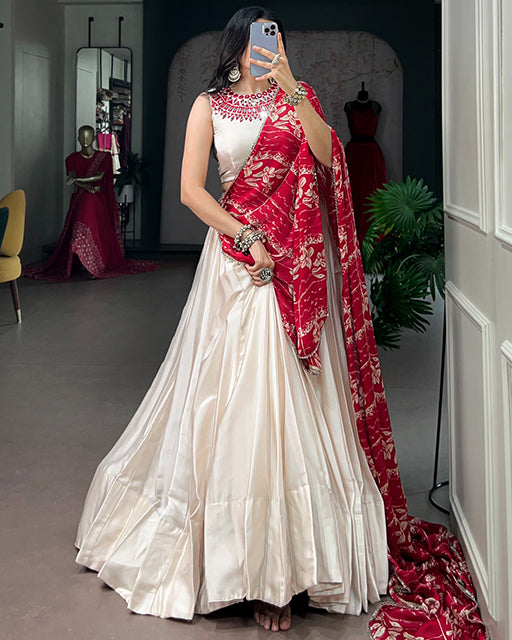 Elegant White Color Monga Silk Navratri Lehenga Choli
