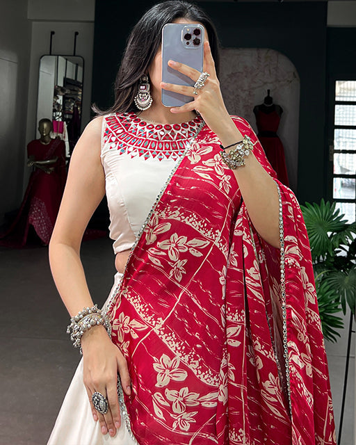 Elegant White Color Monga Silk Navratri Lehenga Choli