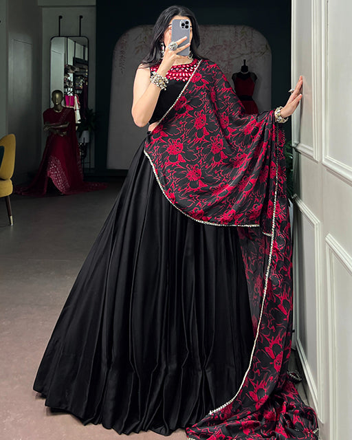 Elegant Black Color Monga Silk Navratri Lehenga Choli