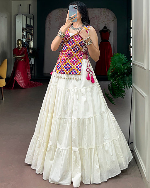 White Color Pure Cotton Navratri Lehenga Choli
