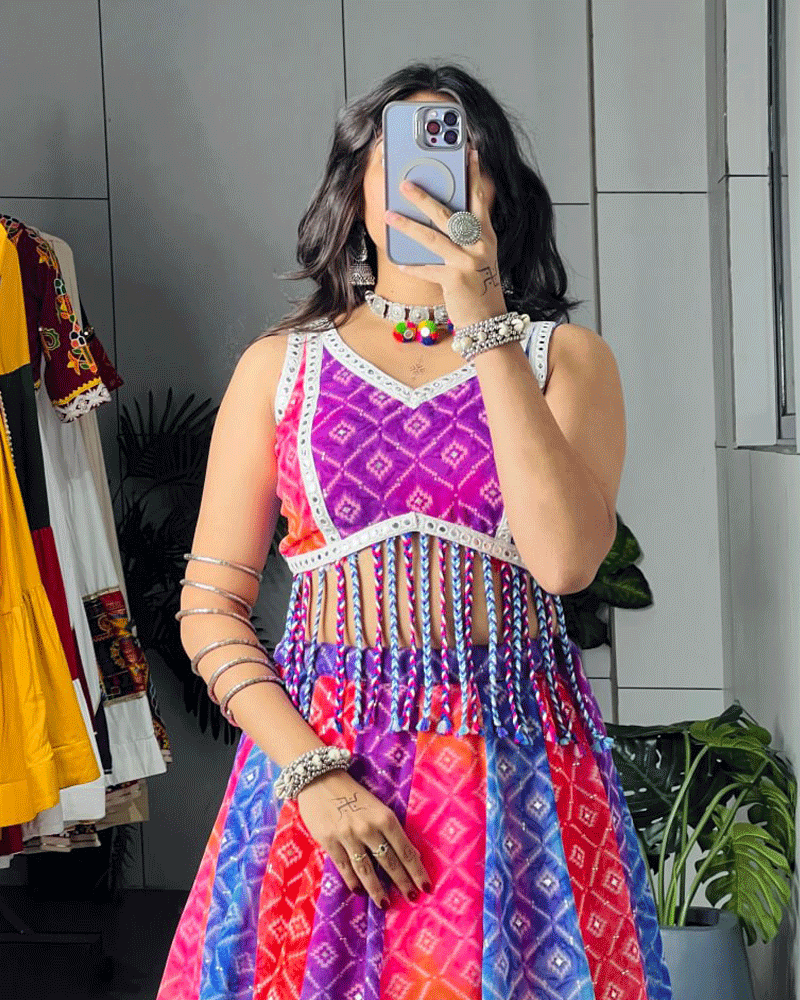 Multi Color Faux Georgette Foil Printed Navratri Lehenga Set