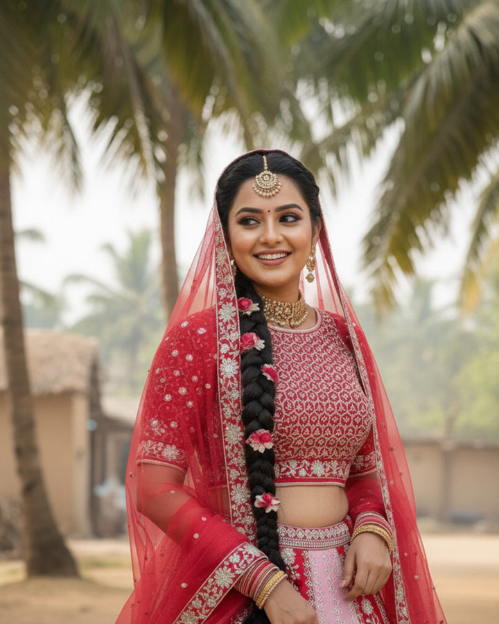 Wedding Wear Baby Pink And Red Color Georgette Lehenga Choli