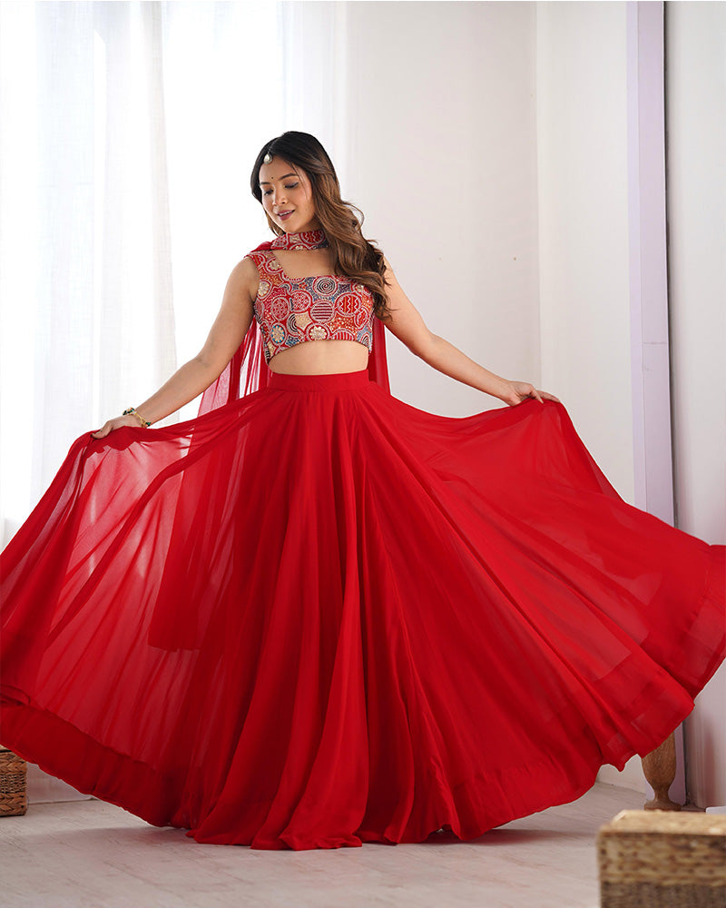 Attractive Red Color Pure Soft Georgette Embroidered Lehenga Choli