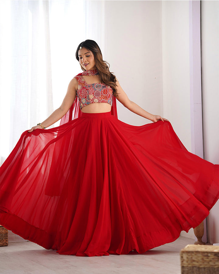 Attractive Red Color Pure Soft Georgette Embroidered Lehenga Choli