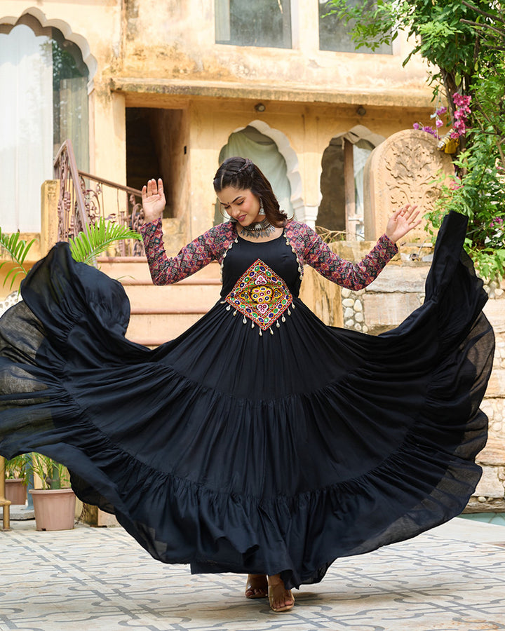 Full Flair Black Rayon Gown With Multicolor Embroidery