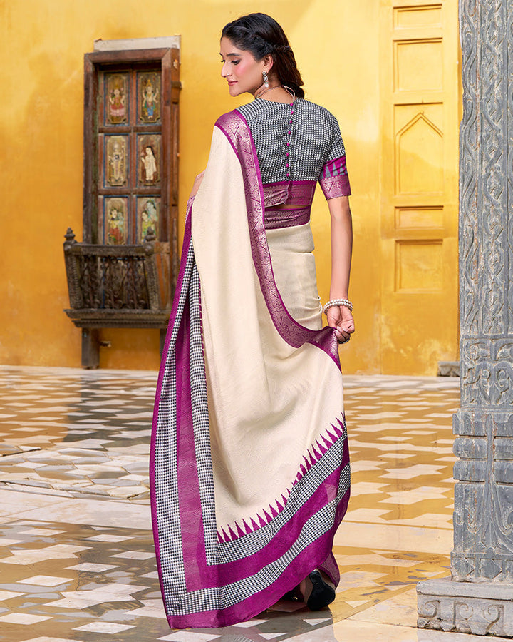 Off-White Color Poly Cotton Printed Saree