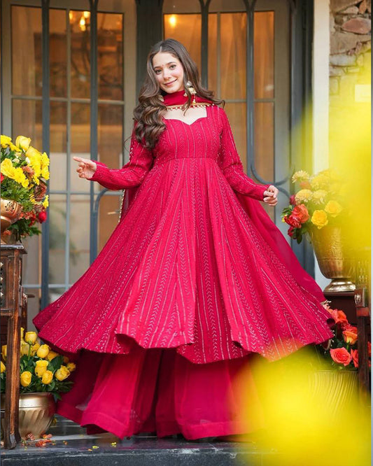 Rani Pink Color Faux Blooming Embroidered Sharara Suit