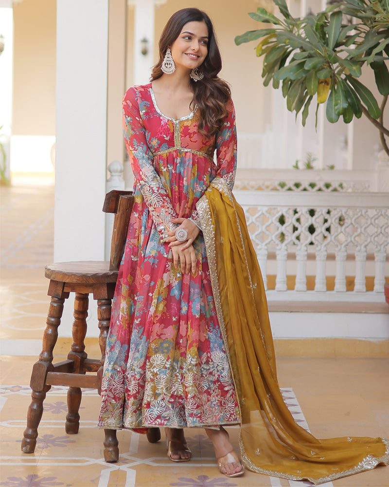 Off White Floral Soft Georgette Three Piece Anarkali Suit