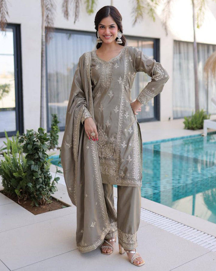 Grey Color Ho Silk Embroidered Kurti Suit