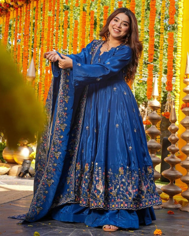 Blue Color Crunchy Silk Embroidered Sharara Suit