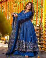 Blue Color Crunchy Silk Embroidered Sharara Suit