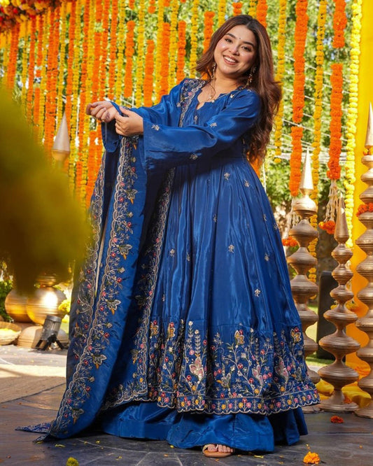 Blue Color Crunchy Silk Embroidered Sharara Suit