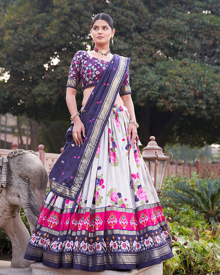 Navy Blue Color Tussar Silk Floral And Patola Print Lehenga Choli