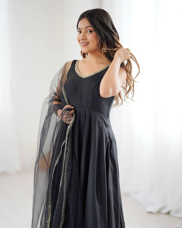 Designer Black Color Roman Chanderi Silk Anarkali Suit
