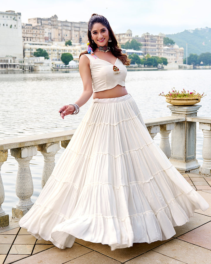 White Color Pure Rayon Ruffle Style Navratri Lehenga Choli