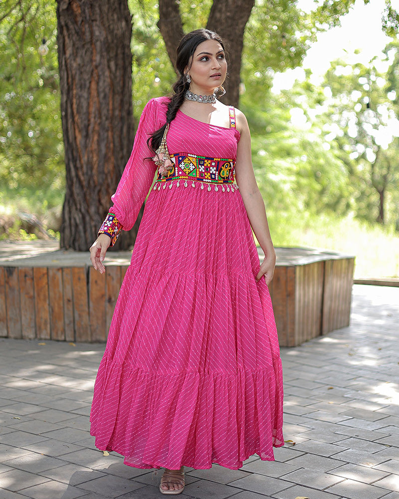 Navratri Special Pink Color Georgette kutchi Patche Work Gown
