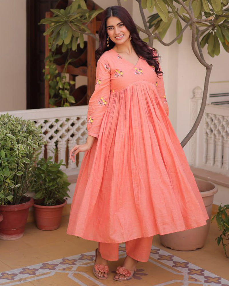 Peach Color Pure Cotton Embroidered Kurti Suit