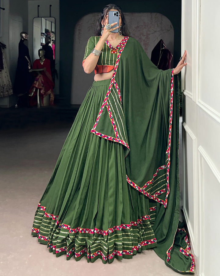 Vibrant Mehndi Color Rayon Gamthi Work Navratri Lehenga Choli