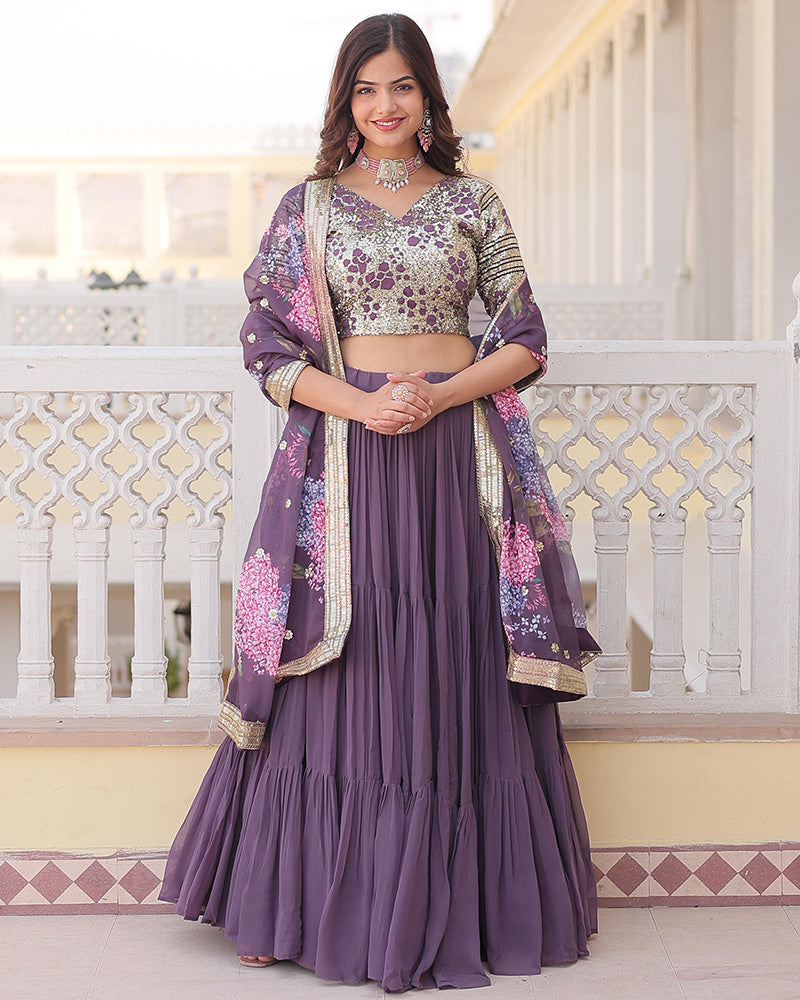 Designer Lavender Color Faux Georgette Three Layer Lehenga Choli
