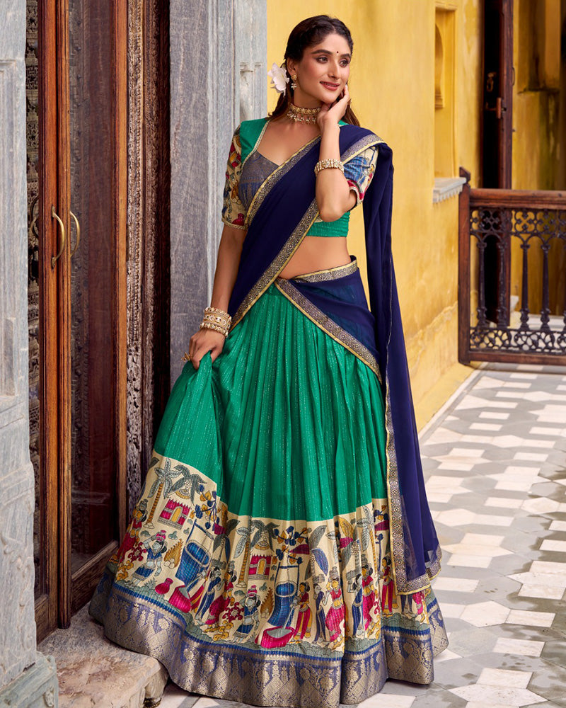 Bottle Green Color Poly Chanderi Kalamkari Printed Lehenga Choli