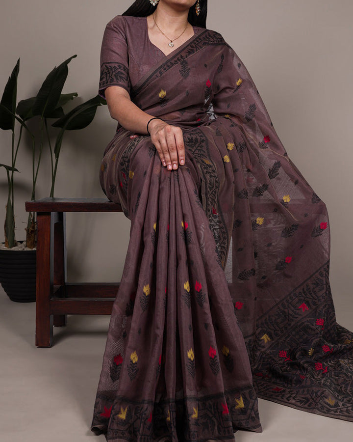 Onion Color Thread Weaving Poly Cotton Saree