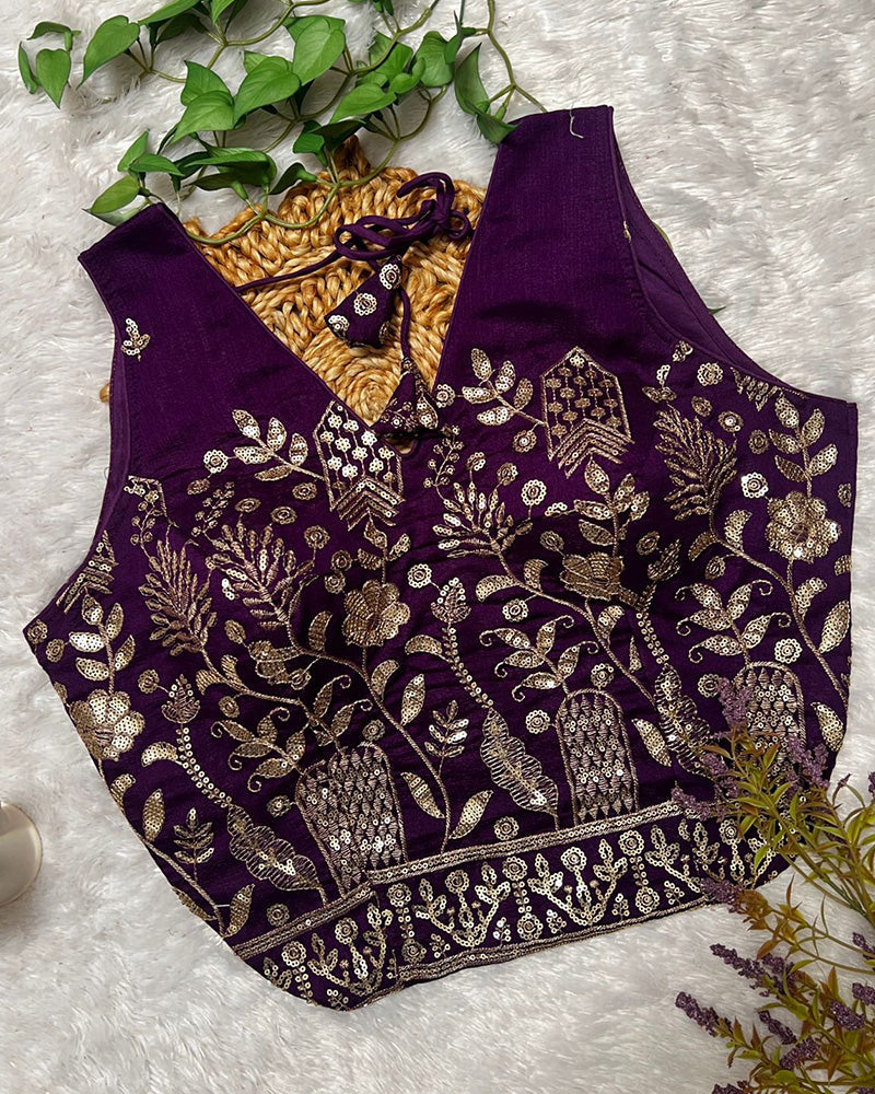Purple Color Vichitra Silk Embroidered Blouse