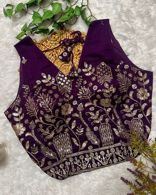 Purple Color Vichitra Silk Embroidered Blouse