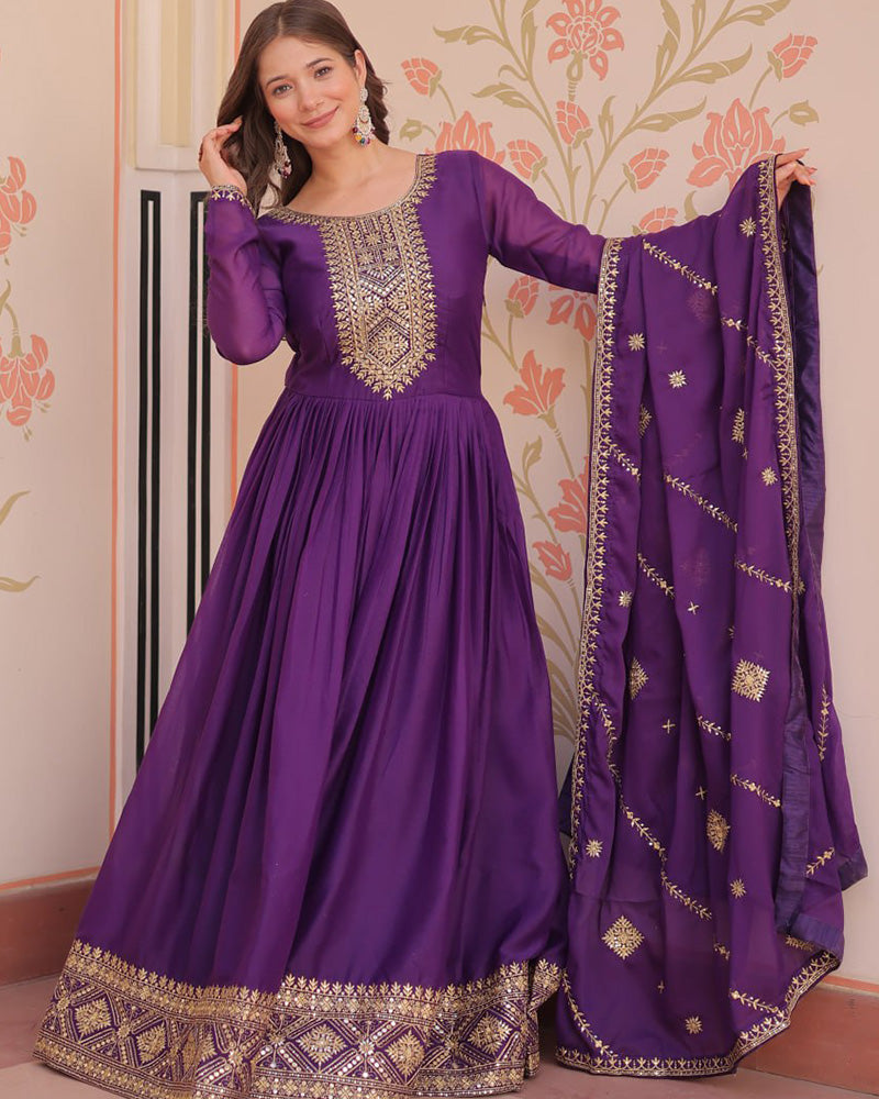 Designer Purple Color Star Georgette Embroidered Gown
