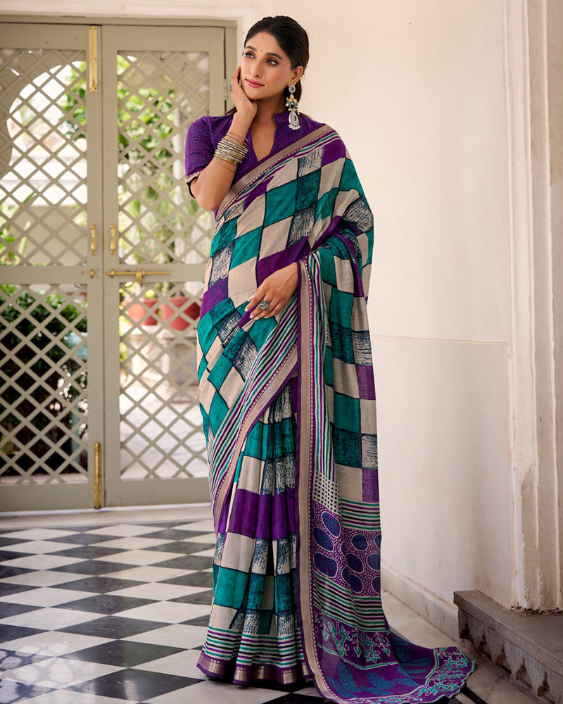 Purple Color Polyester Chanderi Printed Saree