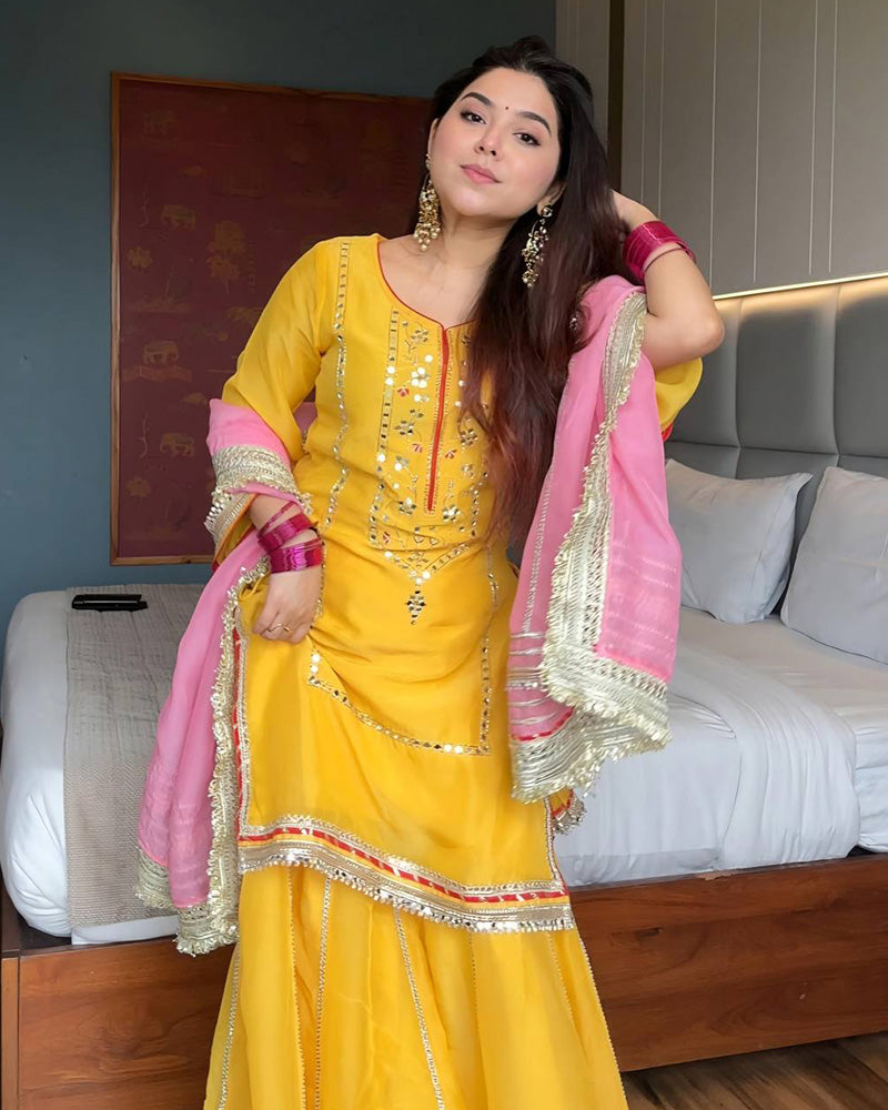 Yellow Color Chinon Silk Embroidered Sharara Suit