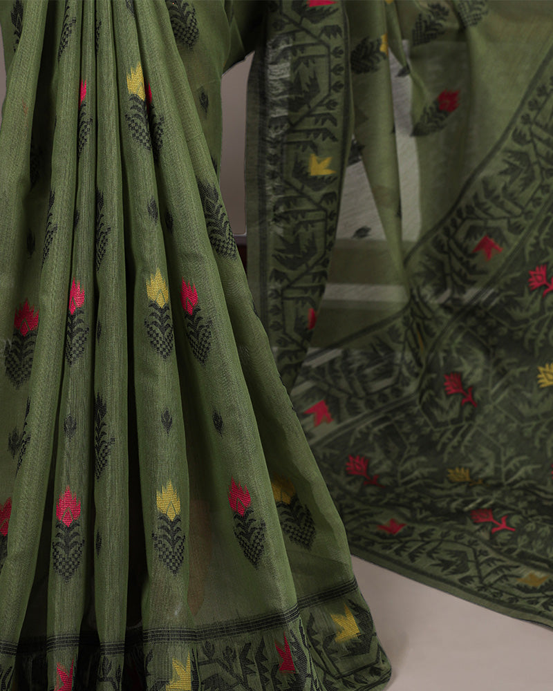 Mehndi Color Thread Weaving Poly Cotton Saree