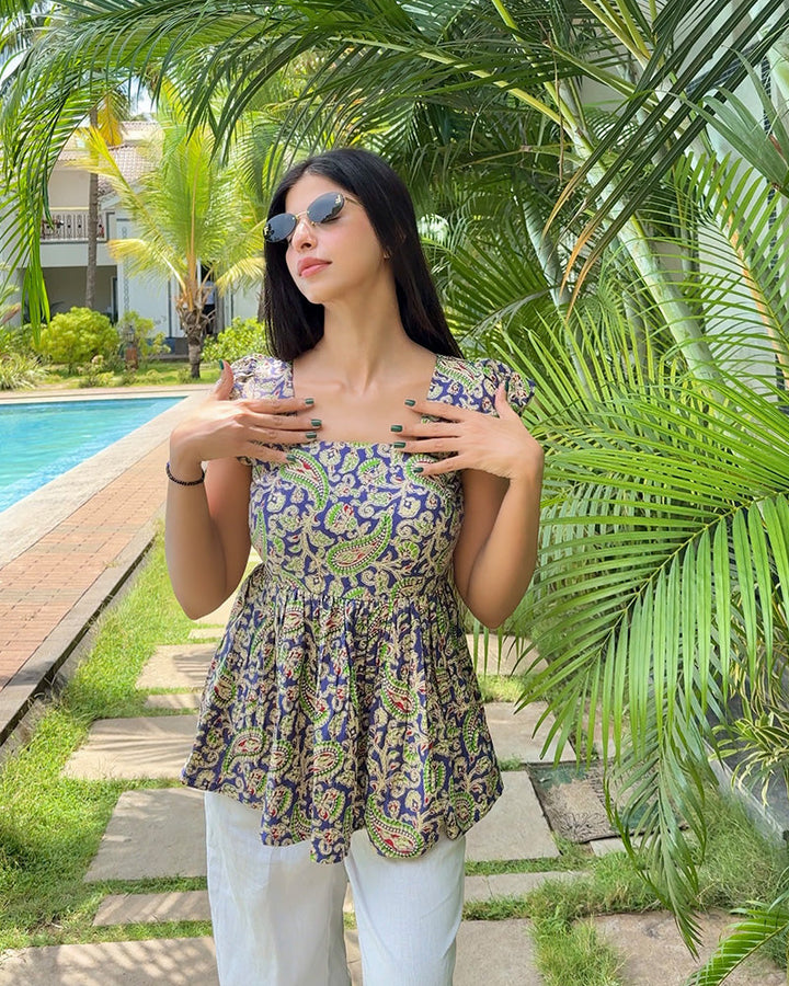 Blue Color Pure Cotton Kalamkari Printed Tunic