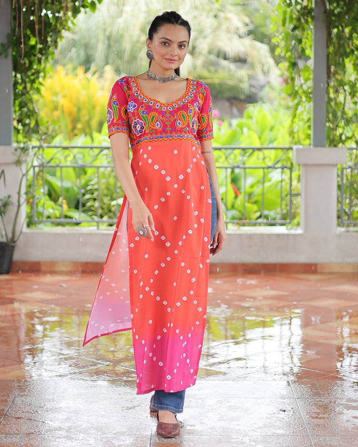 Navratri Special Orange Pink Color Rayon Kutchi Work Kurti