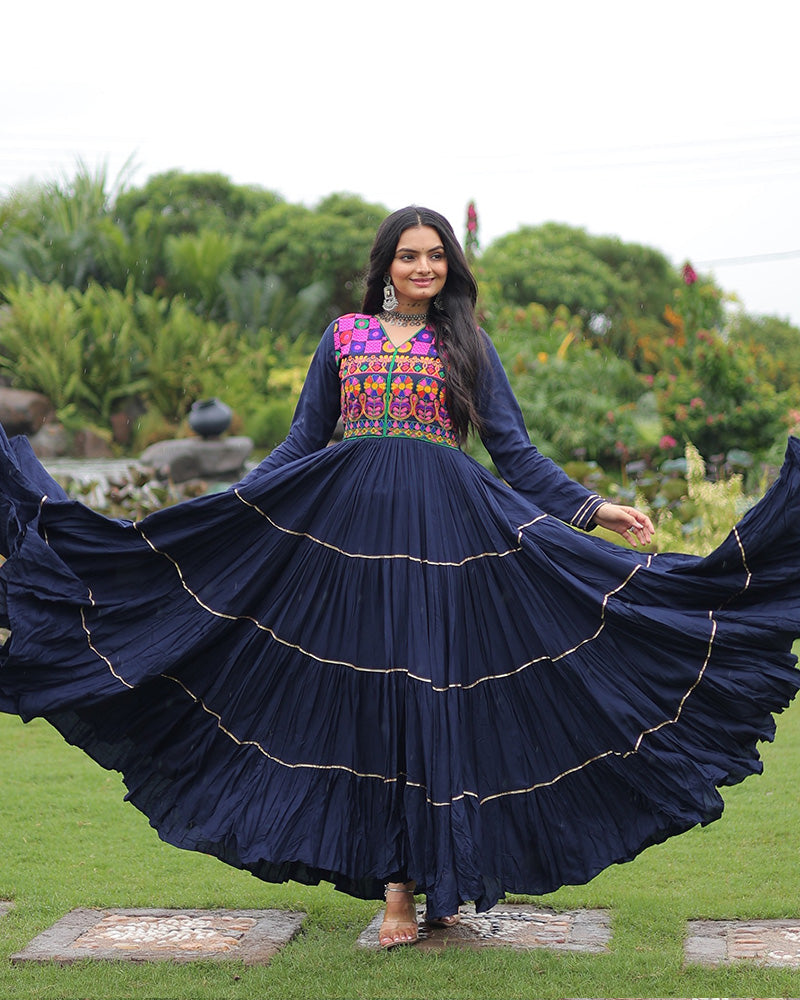 Designer Navy Blue Flared Navratri Gown With Mirror Work Yoke