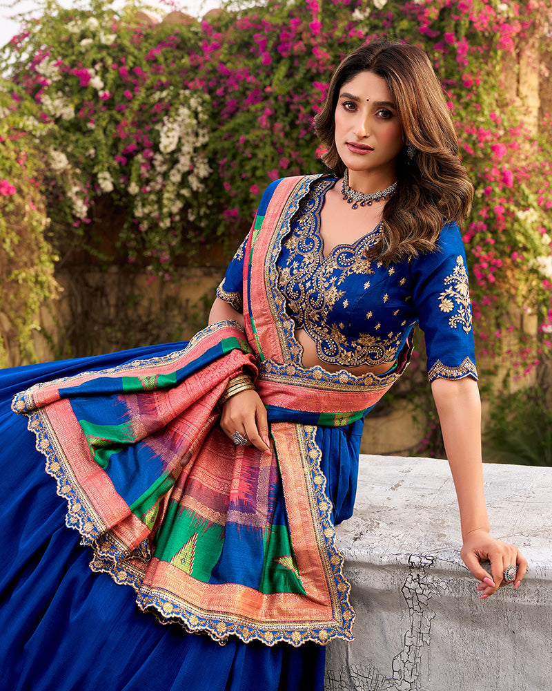 Designer Royal Blue Color Vichitra Silk Embroidered Lehenga Choli