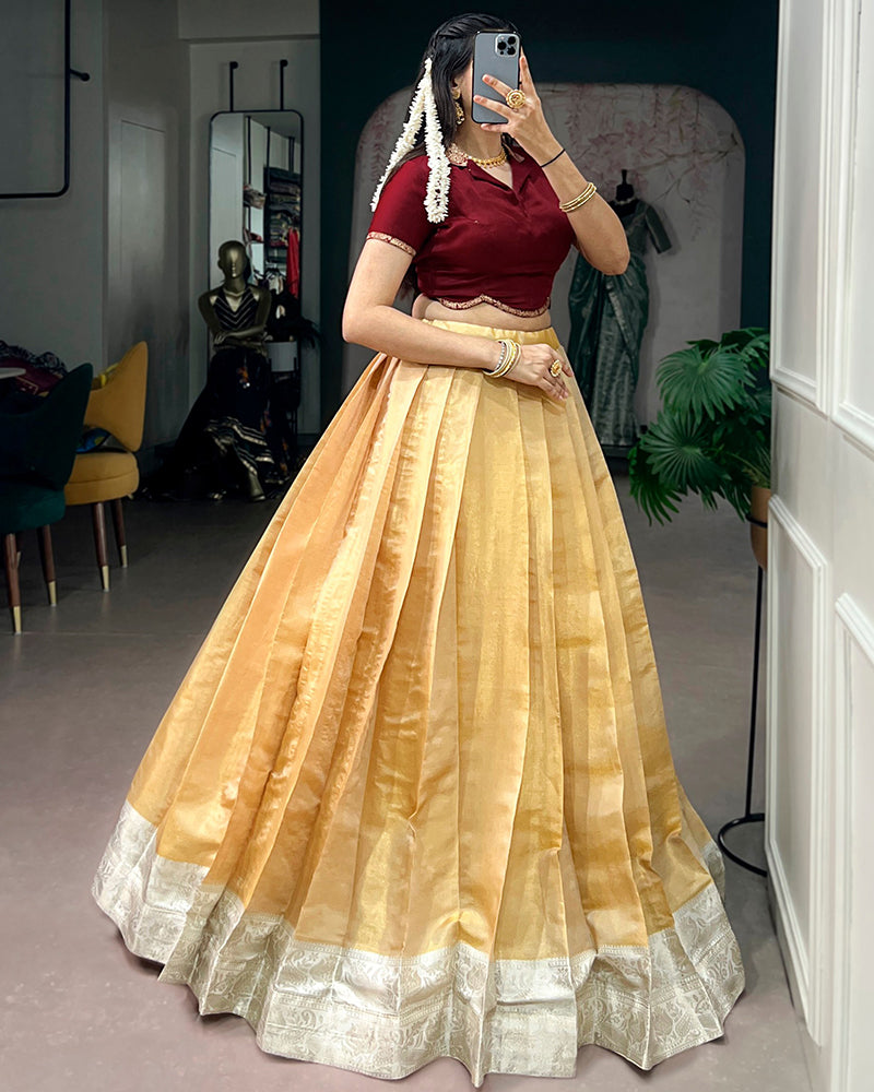 Cream Color Kanchipuram Zari Weaving Lehenga Choli
