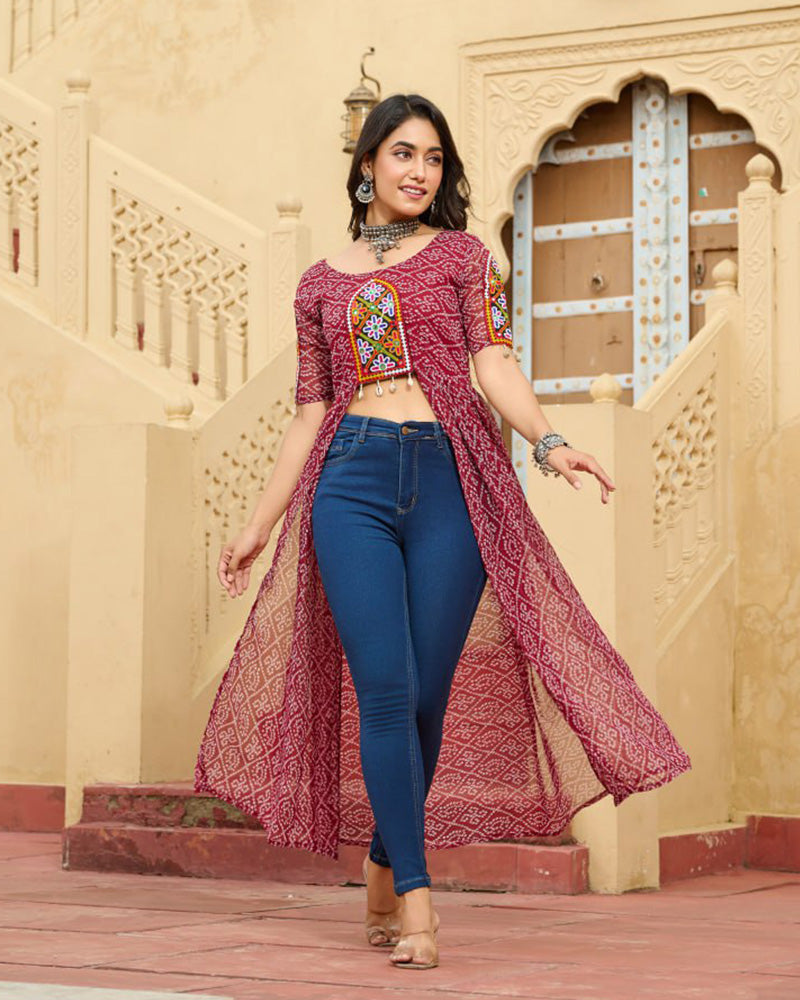 Maroon Festival Wear Faux Georgette Kutchi Work Kurti