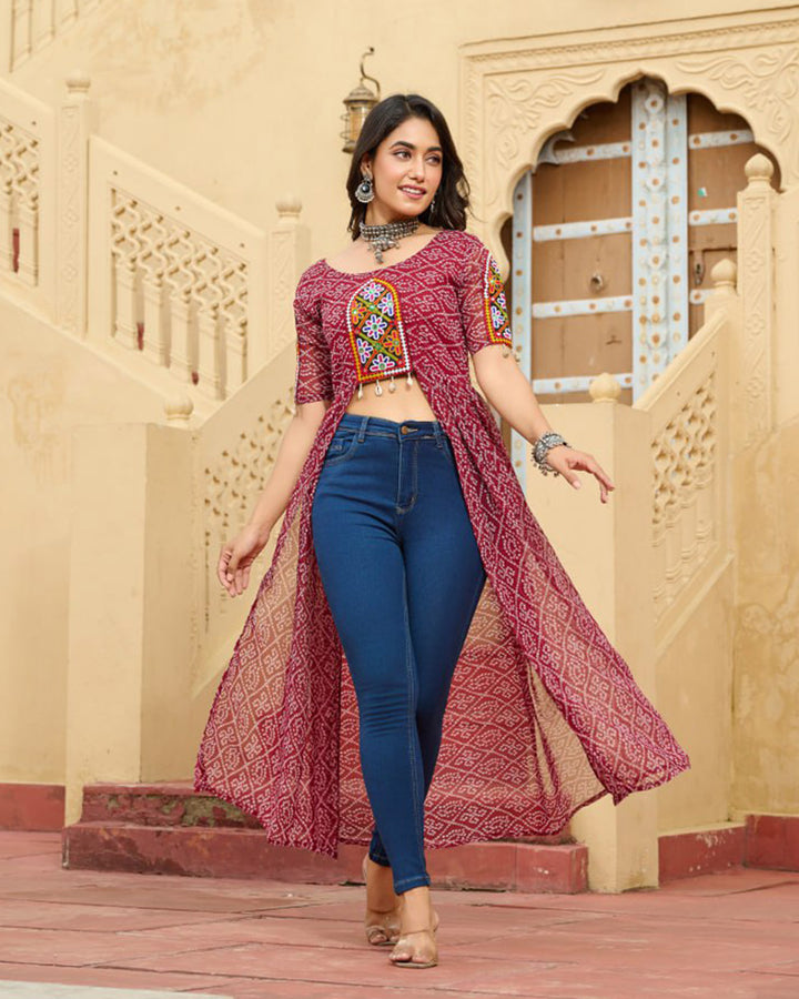Maroon Festival Wear Faux Georgette Kutchi Work Kurti