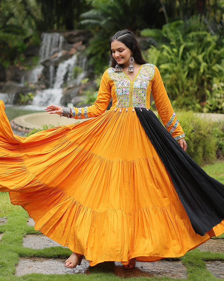 Navratri Special Mustard Color Reyon Gamthi Style Gown