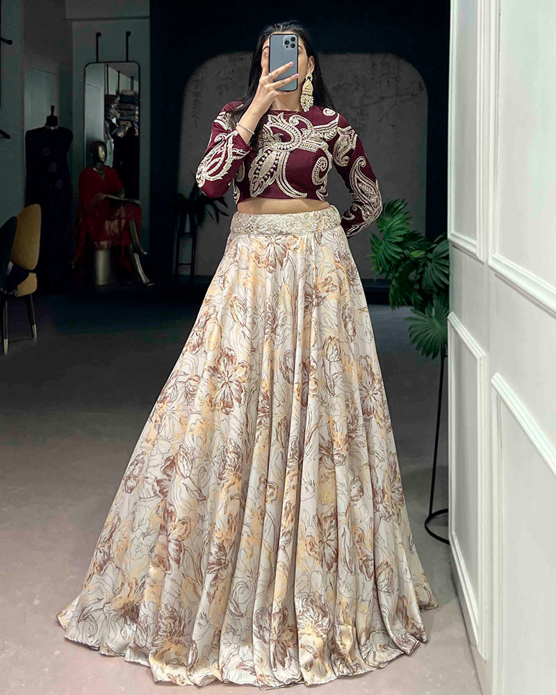 Cream Color Tasar Silk Printed Embroidered Lehenga Choli