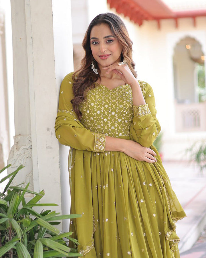 Mehndi Green Color Georgette Embroidered Designer Gown