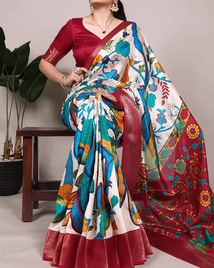 Off-White Color Tasar Silk Ethnic Printed Saree