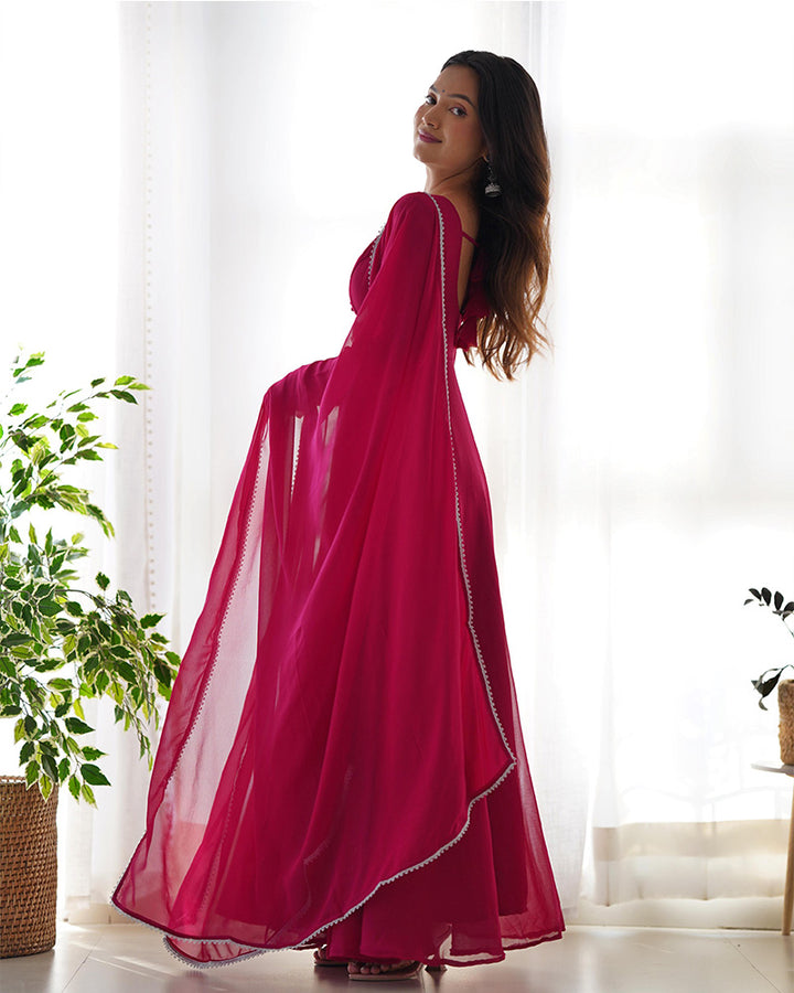 Rose Pink Color Georgette Anarkali With Pant And Dupatta