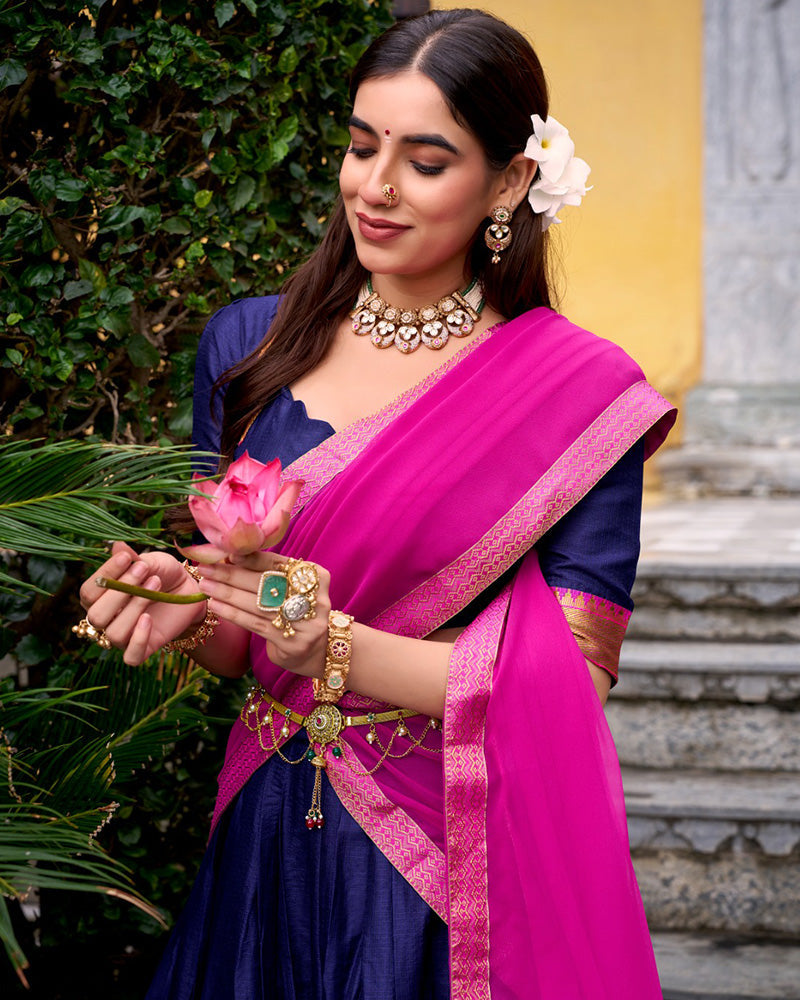 Designer Navy Blue Color Poly Cotton Half Saree