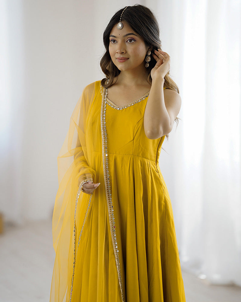 Designer Yellow Color Roman Chanderi Silk Anarkali Suit