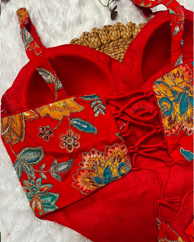 Orange Color Rumali Silk Embroidered Spaghetti Blouse